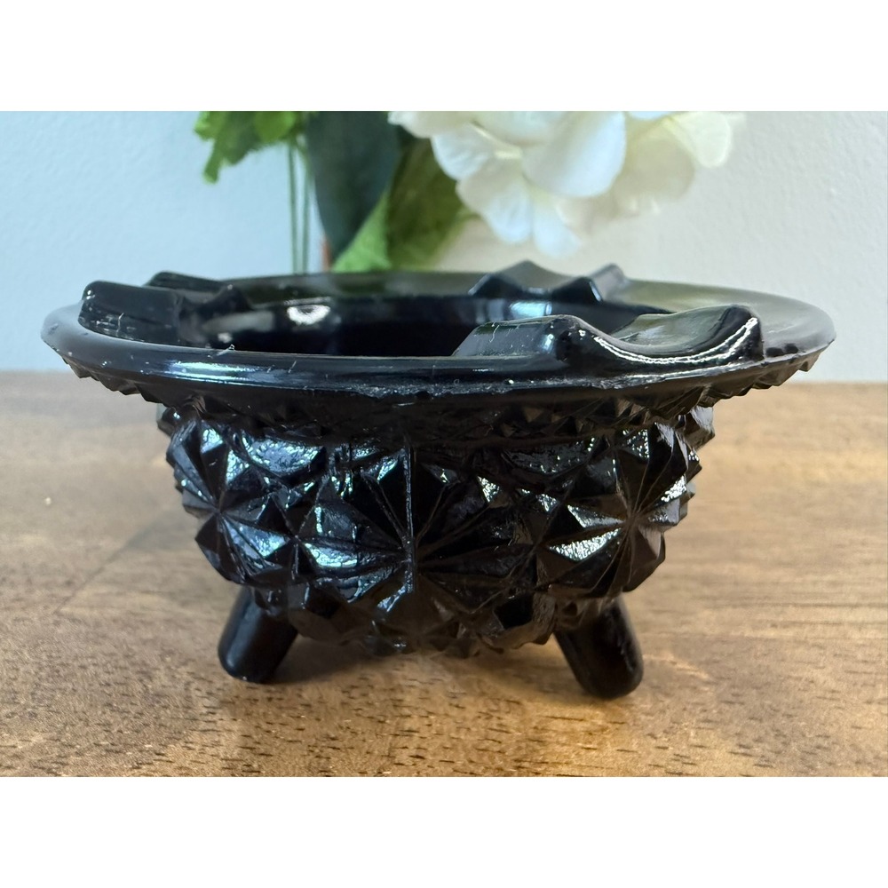 Vintage Black Amethyst Glass Ashtray Footed Starburst Diamond Pressed Glass